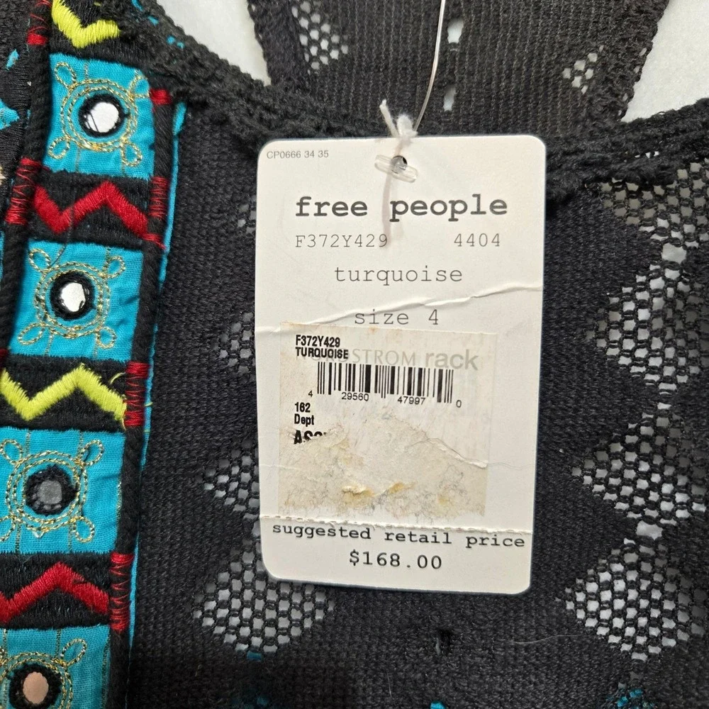 Free People Mini Dress Size 4 Turquoise Blue‎ Boho Embroidered NWT #973